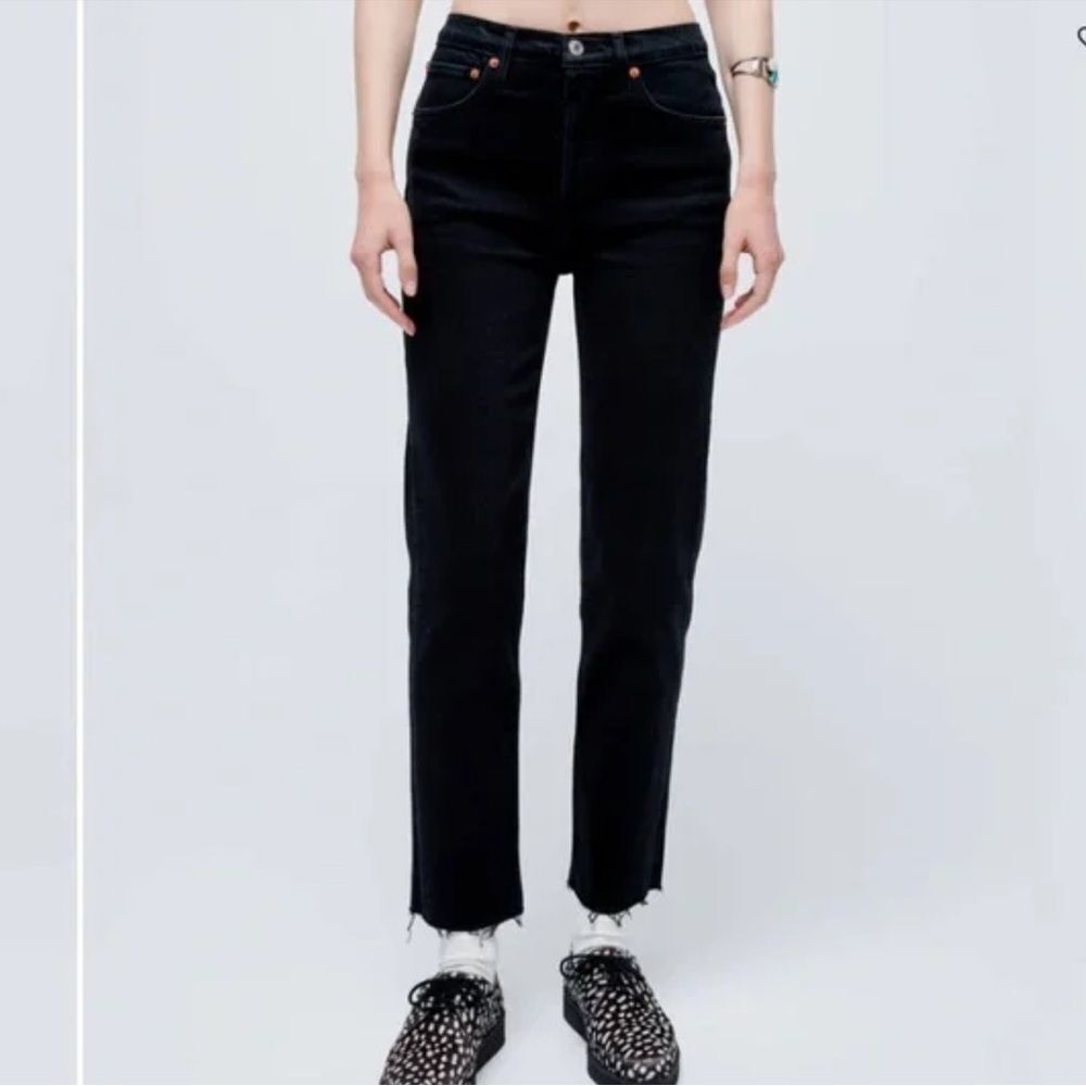Re/Done High Rise Straight Ankle Crop Black DistressedVintage Black Wash Size 26